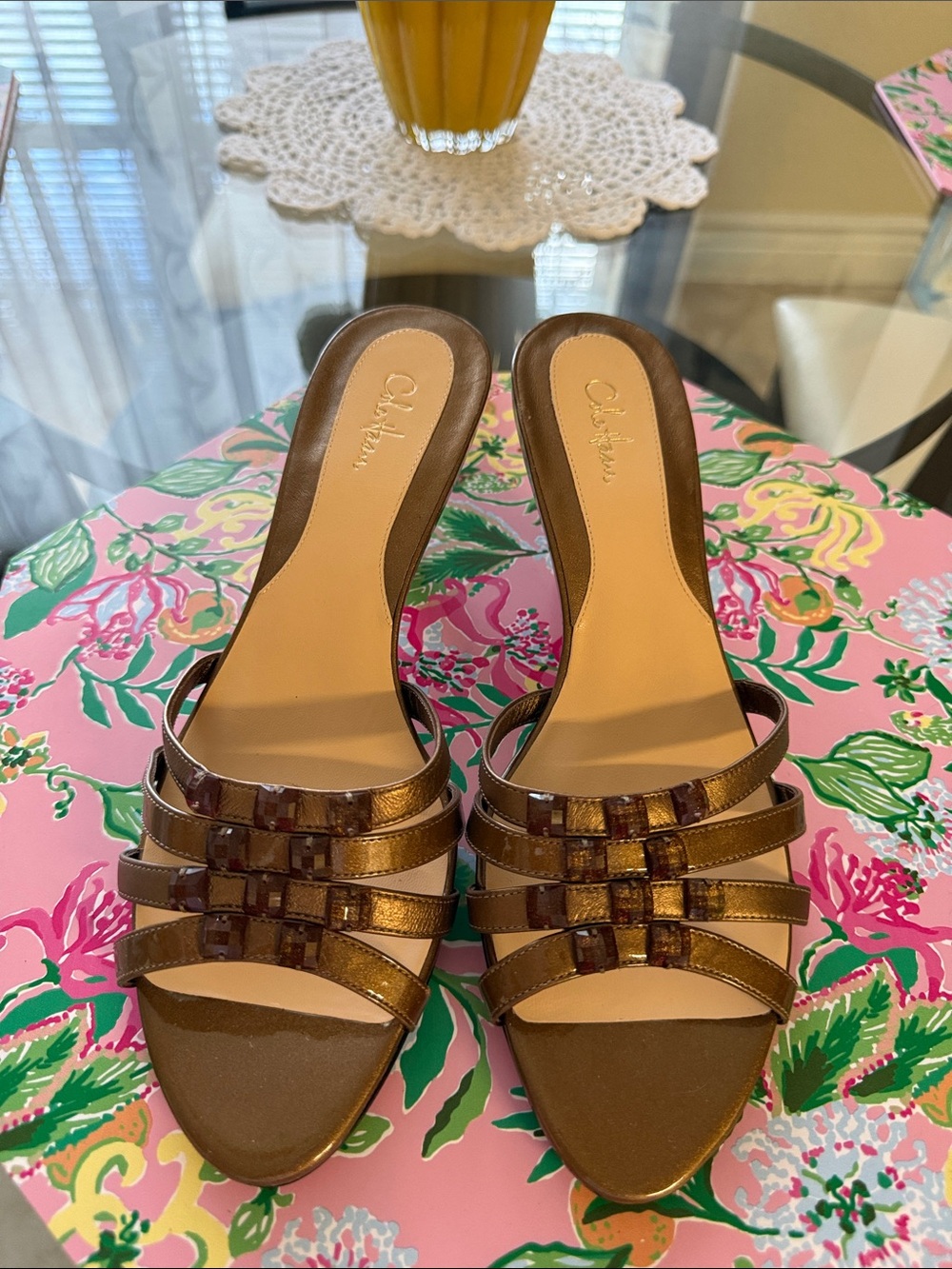 Cole Haan Metallic Brown Woven Leather Slide Mules
